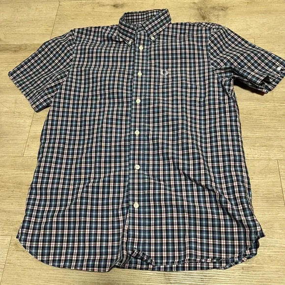 Fred Perry Mens Short Sleeve Plaid Button Down Size M Blue White Red Sham 69 Oi! - Picture 1 of 10